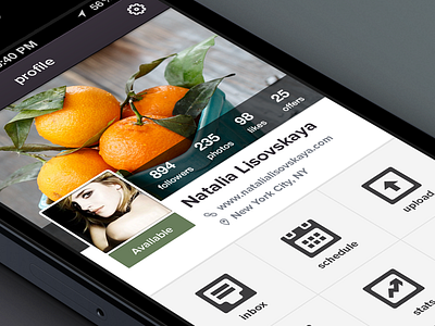 Profile menu application button design followers gradient grey icon icons ios iphone location menu minimalism photo profile simplistic stats status texture ui user user interface ux white