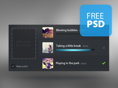 Drag 2 Upload ~ Widget bar black checkbox dark design desktop drag file free freebie gui icons images loading progress psd ui upload widget