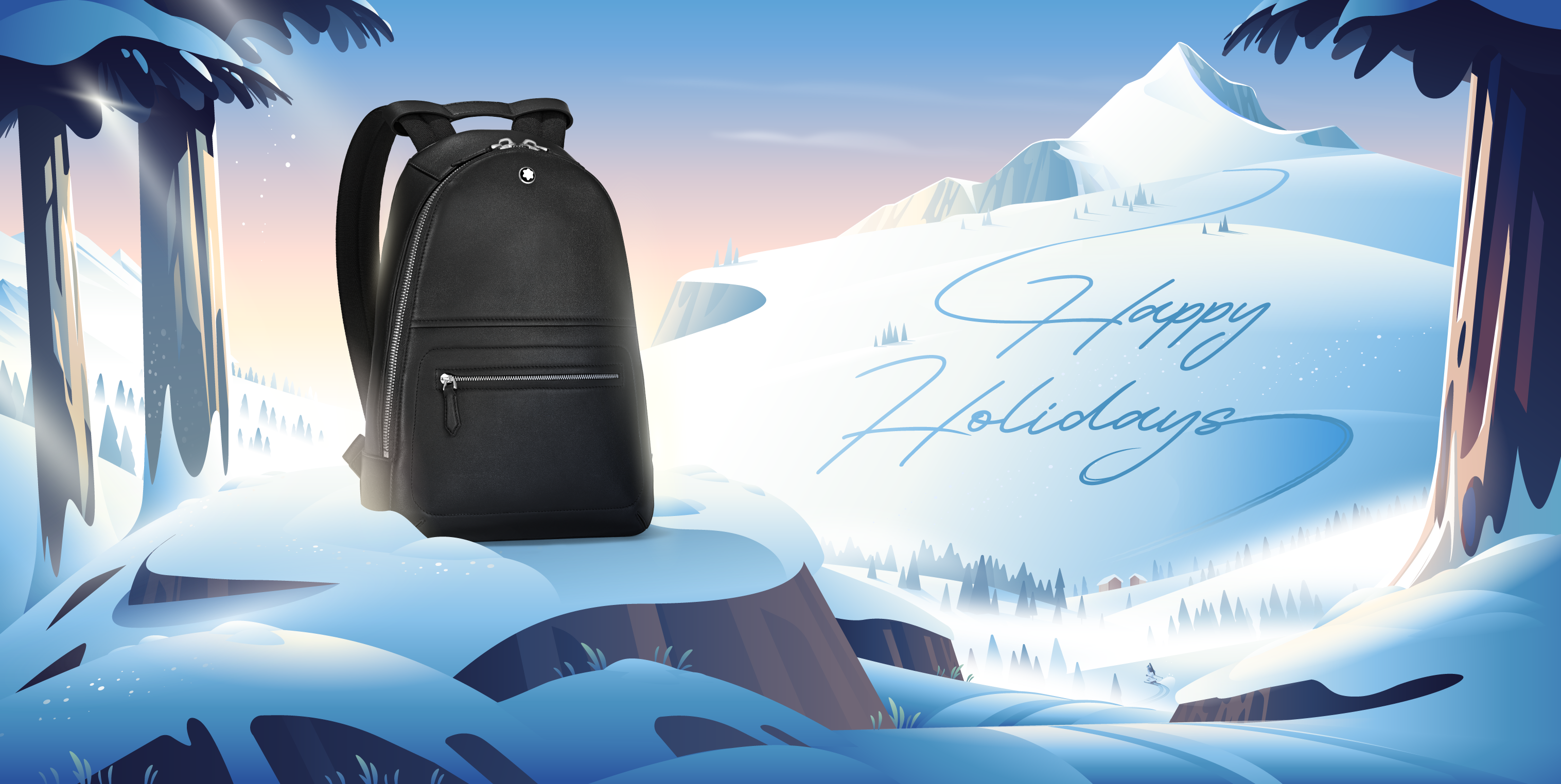 Montblanc - Happy Holidays forest happy holidays illustration landscape montblanc mountain scenery ski snow sundown tree vector village winter