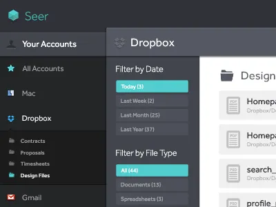 Seer blue browse dark dropbox dropdown file browser files finder folders gray icons navigation seer ui