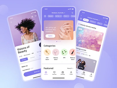 Book beauty salons with Glamezy app beauty booking branding calendar checkout filters gift home illustration images invite map navigation screen search services ui ux voucher