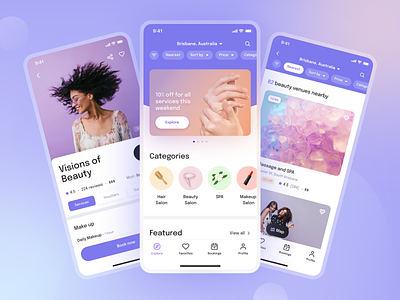 Book beauty salons with Glamezy app beauty booking branding calendar checkout filters gift home illustration images invite map navigation screen search services ui ux voucher