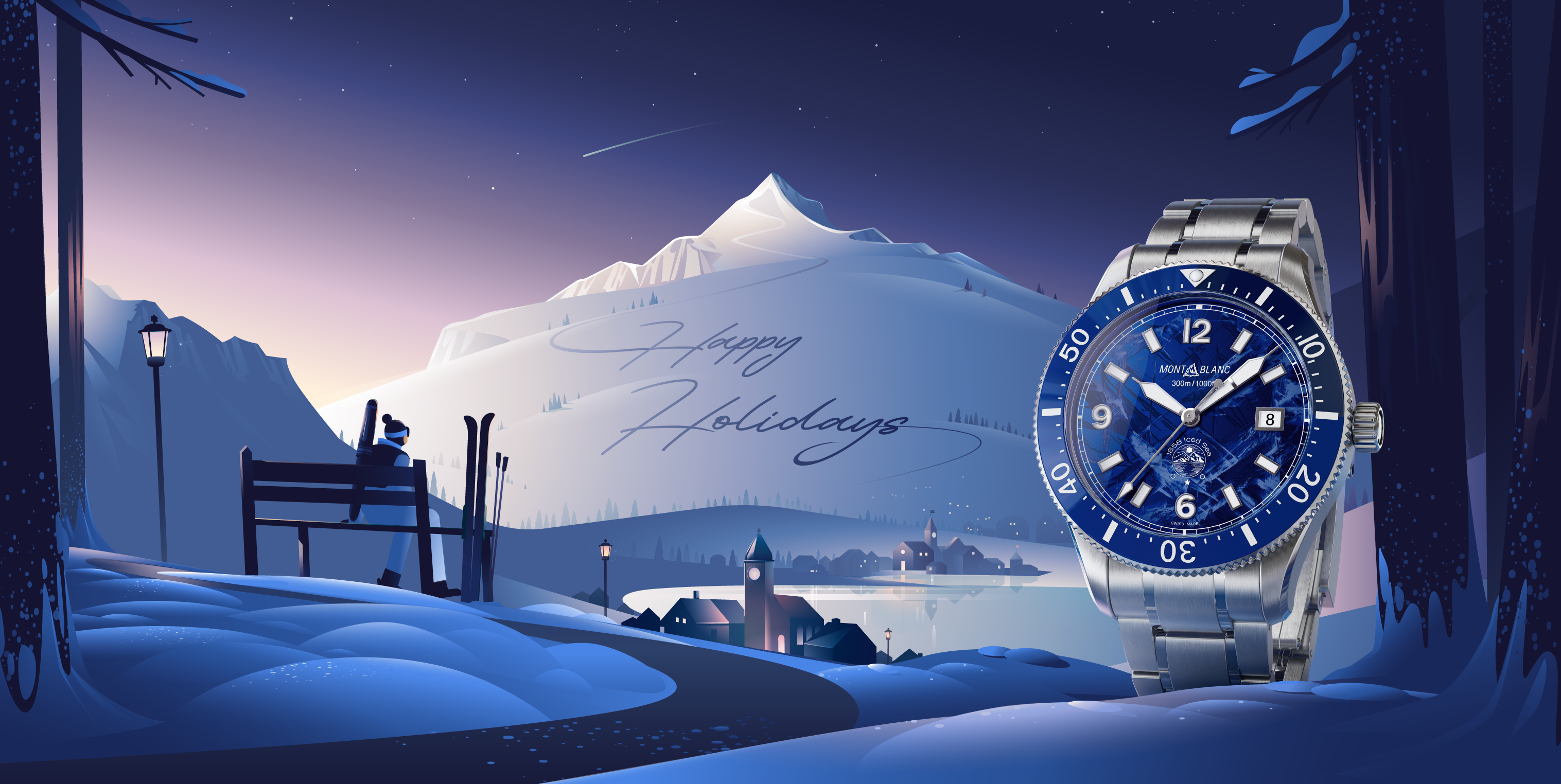 Montblanc - Happy Holidays christmas forest happy holidays illustration lakeside landscape montblanc mountain nightsky scenery ski snow vector village watch winter winterwonderland