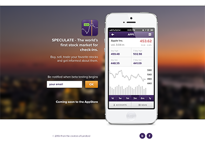 Speculate landing page app store clean coming soon game ios iphone landing page simple speculate stocks ui web