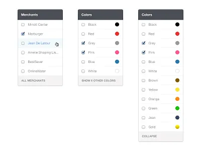 Sidebar Filters brand brands checkbox clean collapse color colors ecommerce eshop extend filter filters list merchant merchants price prices shop sidebar size sizes store ui white widget