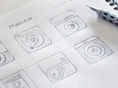 Quick sketches for an app icon app app icon appicon camera dotgrid dotgrid book dotgridbook icon ipad lens pencil pentel prototype retro sketch