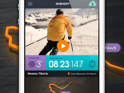 Ski * Buddy app blue buttons dashboard data graph graphic icons info infographic iphone iphone4 metro mountain orange photo purple statistics ui upload video visual