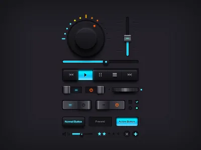 Dark Music UI Elements buttons equalizer freebie knob music ui elements psd download sliders switches ui psd volume wheel