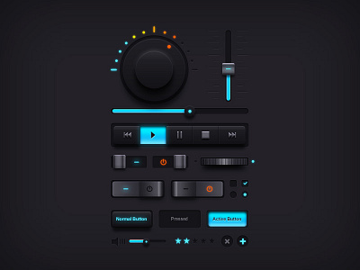Dark Music UI Elements buttons equalizer freebie knob music ui elements psd download sliders switches ui psd volume wheel