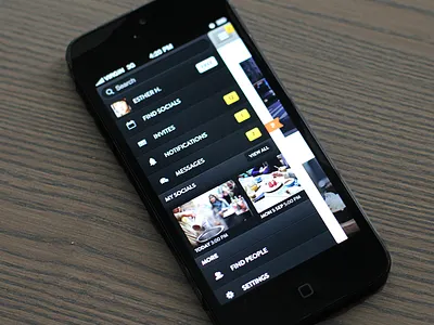 citysocializer iPhone Burger Menu badges dark iphone menu navigation notifications search sidemenu ui user experience user interface ux