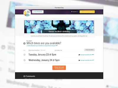 Make plans happen app buttons comments design green orange poll proxima type ui ux web app yellow