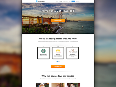 A home page for platform for rewarding loyal customers business home page landing page local location map photo pointer testimonials ui world