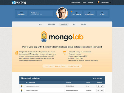 AppFog Add-ons Manager add ons addons button install manage marketing plugins preferences sort table tabular