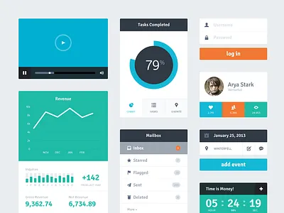 Freebie PSD: Flat UI Kit bar graph blue clean flat flat design freebie green grey interface kit line chart log in login minimalist orange pie chart simple ui video player widget