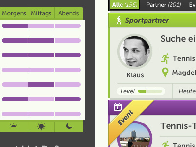 Searchmask client design event flat green lila partner search sport trainer web