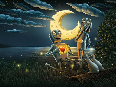 Saint Valentine's Day 2013 Postcard love moon postcard postcards rabbits robots romance valentine