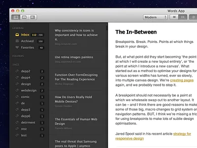 Words 2 Final Beta (the serious version) now available app article dark desktop feed gui icon icons instapaper list mac osx read typography ui