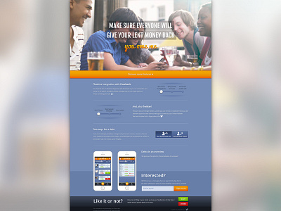 You Owe Me iPhone app teaser page app blue image iphone layout one page orange photo yom you owe me