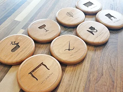 Katy Coasters branding client presents coasters design focus lab icons logo logo design logotype presents tinkering monkey wood