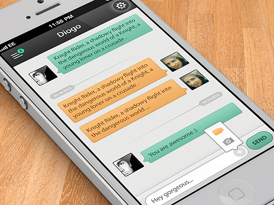 Chat IOS App alves awesome black button chat conversation daniela diogo gorgeous green input instant ios iphone menu messaging messenger notification notifications popover popup settings time title white wood yellow