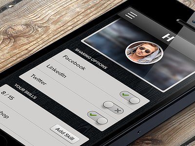 iPhone App UI - Settings Page add app button cover facebook ipad iphone linkedin menu navbar profile psd retina settings share skills switch toggle twitter ui