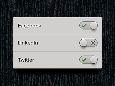 iPhone App UI - Settings Modal app button facebook ipad iphone linkedin modal off on retina settings social switch toggle twitter ui user interface ux