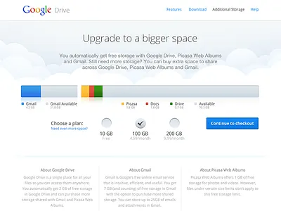 Google Drive - Additional storage available checkout cloud docs drive gmail google graph picasa plan pricing purchase space upgrade usage