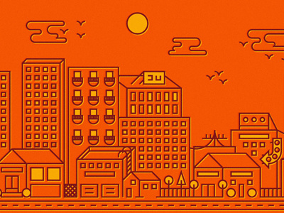 Ghost City billboard birds city clouds geometric house illustration linework powerline scenery shapes skyscraper sun texture trees