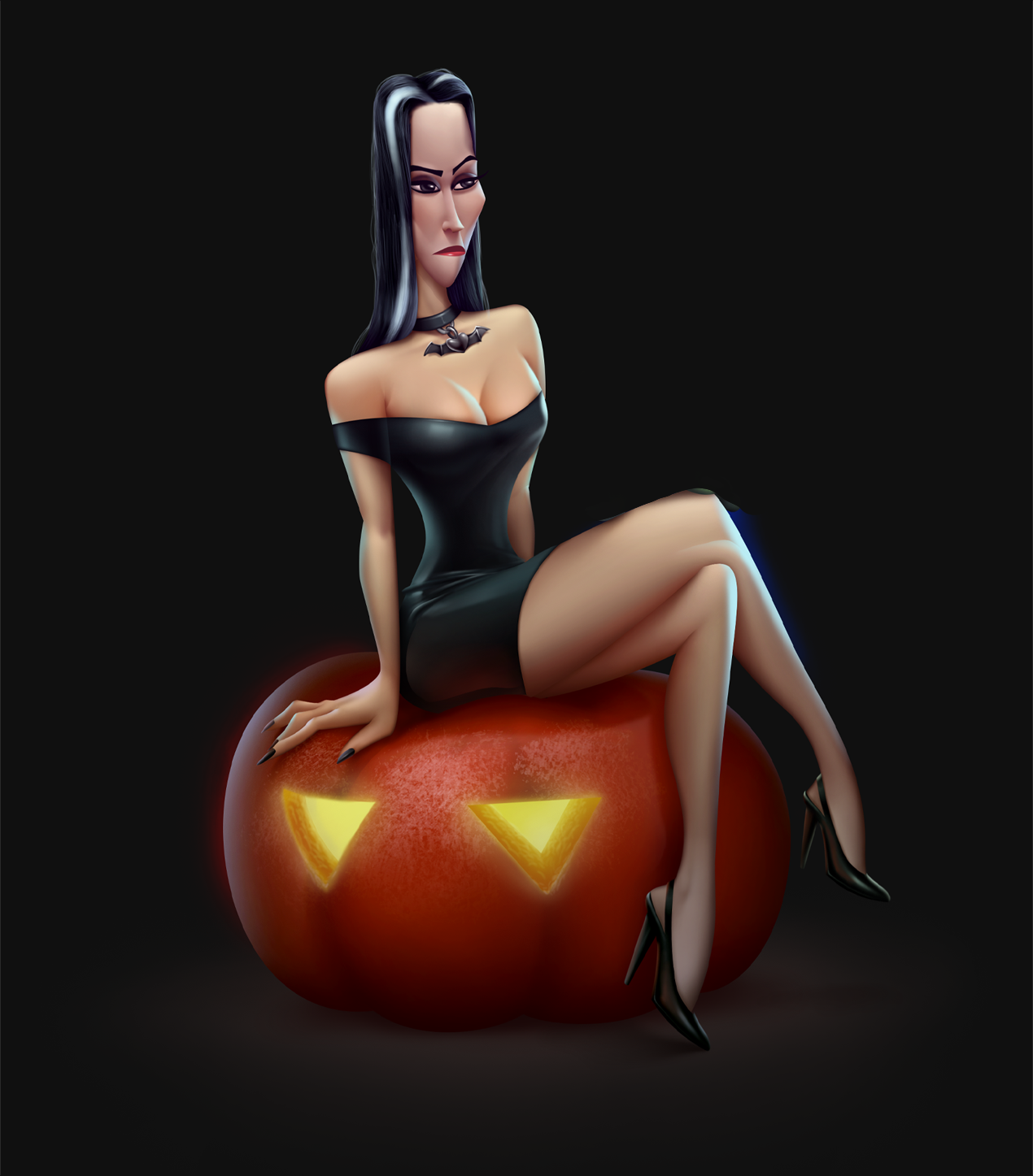 Morticia Addams 3d addams family art blender cartoon character design concept art fanart halloween illustration look development morticia addams netflix pinup pumpkin spooky tim burton visual development wednesday wednesday addams