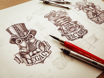 Sketch art blueprint branding camera compas font hat illustration leather lettering line logo logotype metal old paper pencil photo sketch steampunk tag texture typography vintage