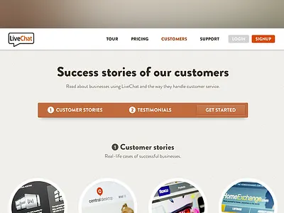 LiveChat Website / Customers case study chat circles clients customer stories customers footer headline livechat menu sign up signup testimonials twitter web webdesign website