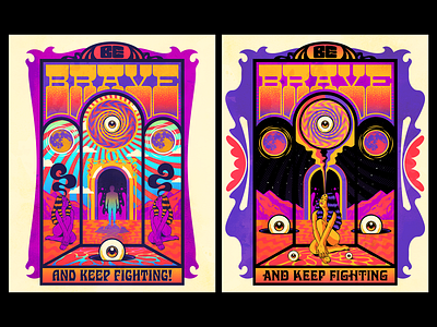 Be Brave and keep fighting posters design fantasy illustration lettering poster psychedelic retro sixties typography vector vintage