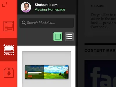 NewsCred CMS Sidemenu Exploration cms icons navigation newscred searchbar sidebar tabs user