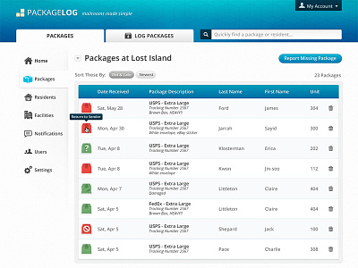 PackageLog dashboard icons ixd responsive web design ui user interface ux web application