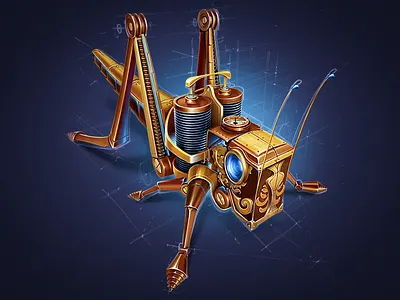 Mechanical Grasshopper blueprint camera copper glass glow gold grasshopper illustration inspiration lens light metal prototype shine sketch steam steampunk texture