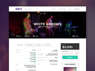 Artist Profile artists band booking calendar citrusbyte details dj flat flat design gig live music photography purple repertoire reviews search specs teal white arrows