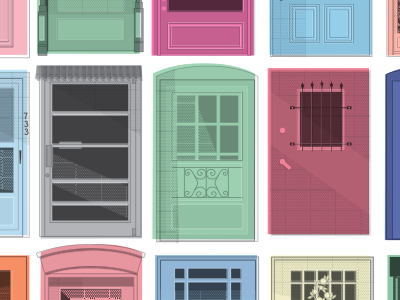 Doors of the Northside Print final version colorful doors downtown multi color neighborhoods pastel shading