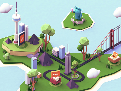 Droid City 3d c4d city illustration island isometric low poly lowpoly render