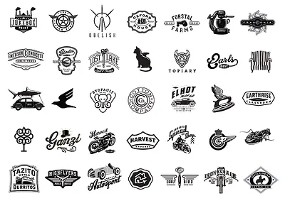 Logos By David Cran badges bar beer branding cafe car coffee cookies crown espresso icon logos motorcycle nuts pickles pictogram pizza plane race car retro soda tree typography vintage wine