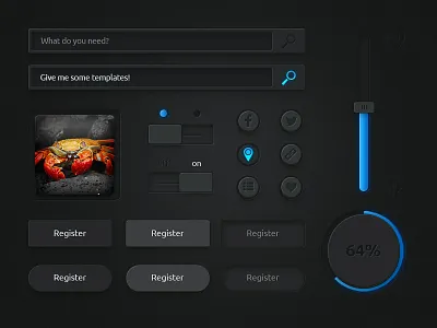 Dark UI kit + PSD ariel verber avatar button dark dark ui dark ui kit kit loader opie scroll search ui ui kit volume volume control