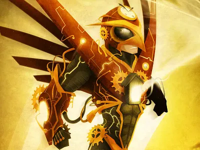 Tres And Cuckoo poster armor athens bird city clock clockwork cuckoo flight gears hero illustration super time typography