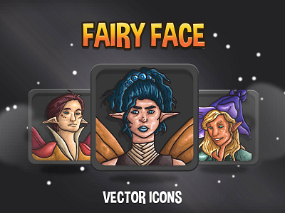 Fairy Face Game Icons 2d art asset assets avatar avatars fairy fantasy game game assets gamedev icon icone icons indie indie game mmorpg portrait rpg vector