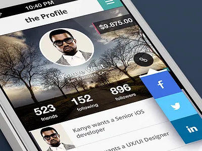 the Profile facebook icon ios iphone linkedin menu photo popup social stream twitter ui ux