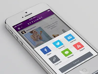 STYLIGHT iPhone App Action Sheet action sheet app application board boards fashion followers following overlay purple share style stylight white