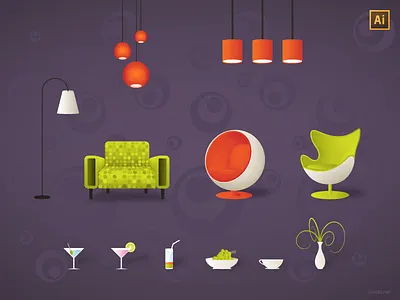 Retro Furniture, vector freebie (AI) ai armchair chair ff free freebie friday furniture glass illutration lamp pattern retro vase vector