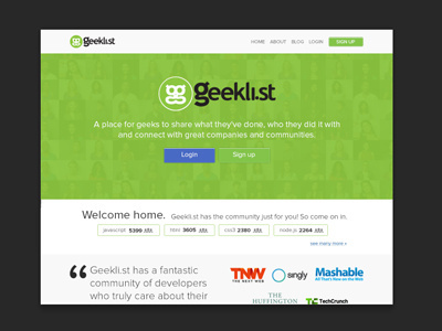 Geeklist Homepage button css design green homepage masthead text web