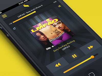 Music Player album app artist background bar clean cover dark ios iphone music pause perspective play player progress radio ui yellow