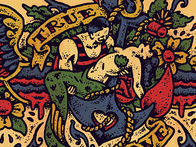 True Love anchor love mermaid scroll sticker strongman tattoo true vintage