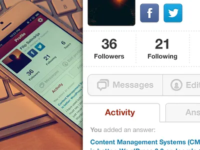 Profile screen activity answers app concept edit facebook icons ios iphone messages my profile profile quora settings twitter ui