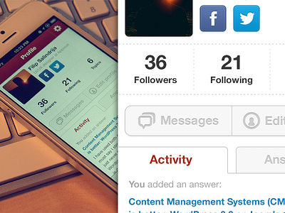 Profile screen activity answers app concept edit facebook icons ios iphone messages my profile profile quora settings twitter ui